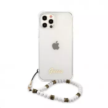 Husă Guess Apple iPhone 12/12 Pro PC Script și perle albe transparentă
