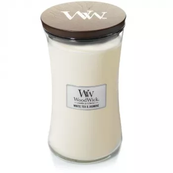Lumânare parfumată WoodWick White Tea & Jasmine în pahar, Medium, 275 g