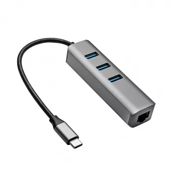 Hub USB-C Akyga AK-AD-66 cu 3x USB 3.0 și Gigabit Ethernet, 15 cm, negru