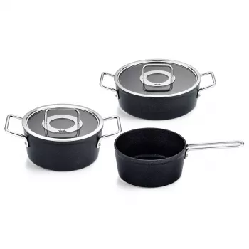 Set de oale Fissler Adamant, 3 piese: oală 20 cm, oală de gătit 24 cm și cratiță cu mâner 18 cm, cu capace din sticlă (156-115-03-000/0)