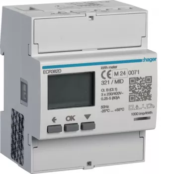Contor de energie trifazat cu conectare directă Hager ECR382D, 80 A, 4 module, Modbus, MID