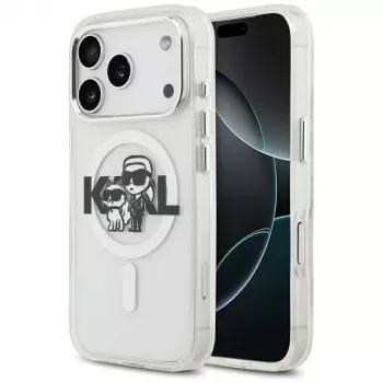 Husă MagSafe Karl Lagerfeld IML Glitter Karl & Choupette Sketch Logo pentru iPhone 17 Pro, transparentă