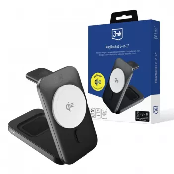 3MK MagRocket 3-in-1 15W stație de încărcare wireless compatibilă MagSafe pentru iPhone, Apple Watch, AirPods - negru