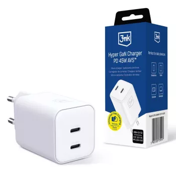 Încărcător 3mk Hyper Charger PD 45W GaN AVS QC4+ PPS AFC FCP DCP 2C alb
