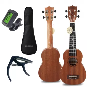 MOZOS GECKO Soprano Ukulele Set - Natural Wood, 12 Frets, Nylon Strings, Includes Gig Bag, Tuner, Picks, Strap, Spare Strings, Cleaning Cloth