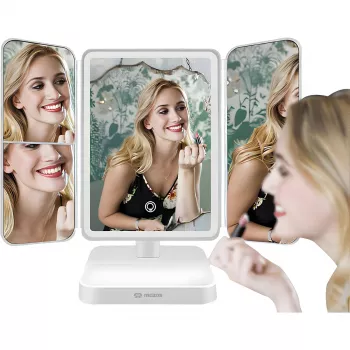 Oglindă de machiaj LED MOZOS ML10X cu mărire 10x, 3 moduri de culoare, reglare continuă a intensității, rotire 360°, reîncărcabilă USB-C, albă