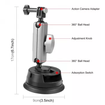 Suport cu ventuză PULUZ pentru cameră, smartphone, filet de 1/4