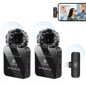 Microfon lavalieră wireless PULUZ PU647B 2x pentru iPhone Lightning