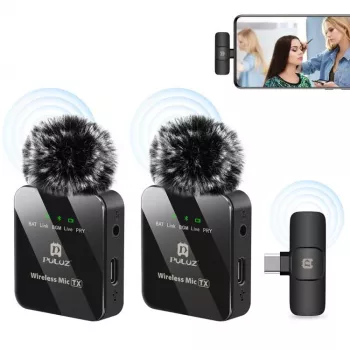 Microfon lavalieră wireless PULUZ PU648B 2x pentru smartphone-uri USB-C, tablete, laptopuri - 2,4 GHz, omnidirecțional, Plug and Play