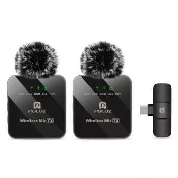 Microfon lavalieră wireless PULUZ PU648B 2x pentru smartphone-uri USB-C, tablete, laptopuri - 2,4 GHz, omnidirecțional, Plug and Play