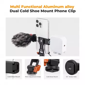 Suport de trepied pentru smartphone K&F Concept KF31.094 MS18 - suport metalic rotativ 360° cu filet 1/4 inch, bază Arca-Swiss, papuc rece, negru