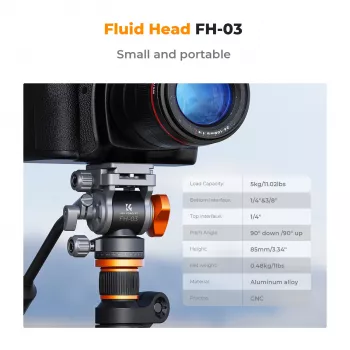 Cap video fluid K&F Concept FH-03, sarcină 5kg, Arca-Swiss, 1/4 inch-20 & 3/8 inch-16, negru