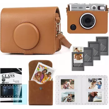 LOVEINSTANT kit 5 în 1: husă protectoare + sticlă călită + album foto cu 64 buzunare + pungă foto + rame pentru Fuji Instax Mini Evo / maro