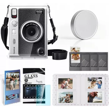 LOVEINSTANT kit 6 în 1: carcasă rigidă transparentă + folie de sticlă călită pentru ecran + album foto cu 64 buzunare + capac de obiectiv + rame foto + curea de umăr pentru Fujifilm Instax Mini Evo