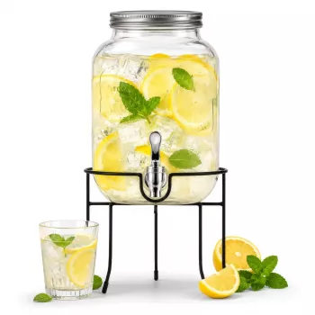 Dozator de băuturi Adler AD 6741 cu robinet și suport metalic, 4 l, sticlă sodocalcică, capac cu filet, robinet de rezervă inclus