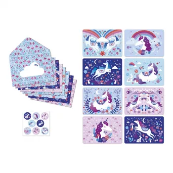 Janod Dreamland Set de papetărie cu unicorni, 40 piese - invitații, felicitări de mulțumire, plicuri, autocolante, pix