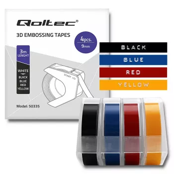 Set Qoltec de 4 benzi de imprimare în relief pentru DYMO Omega | 9mm x 3m | 4 culori | autoadezive