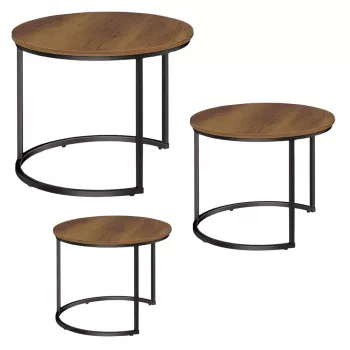 Set LEAN de 3 măsuțe de cafea rotunde 3 în 1, vintage, lemn natural, 51 cm, 40 cm, 30 cm