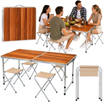 Set mobilier de camping LEAN, masă pliantă și 4 scaune în valiză din lemn