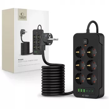 Prelungitor TECH-PROTECT PC6X6 cu 3 USB și 3 Type-C și 6 prize, 200cm, negru