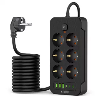 Prelungitor TECH-PROTECT PC6X6 cu 3 USB și 3 Type-C și 6 prize, 200cm, negru