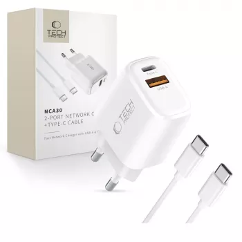 TECH-PROTECT NCA30 încărcător de rețea 2 porturi PD 30W / QC3.0 + cablu Type-C alb
