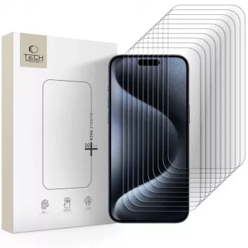 Folie de protecție din sticlă călită TECH-PROTECT, pachet de 10, pentru Apple iPhone 15 Pro Max, transparentă