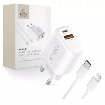 TECH-PROTECT NCA45W-GAN încărcător de rețea 2 porturi PD 45W / QC3.0 + cablu Lightning alb