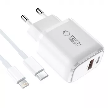 TECH-PROTECT NCA45W-GAN încărcător de rețea 2 porturi PD 45W / QC3.0 + cablu Lightning alb