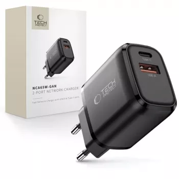 TECH-PROTECT NCA65W-GAN încărcător de rețea 2 porturi PD 65W / QC3.0 negru