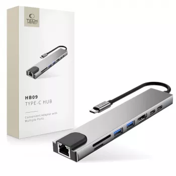Adaptor hub TECH-PROTECT HB09 8 în 1 USB-C la USB-A 3.0, USB-C 3.0, HDMI 4K 60Hz, SD/TF, PD 100W, RJ45 Gigabit Ethernet, gri spațial