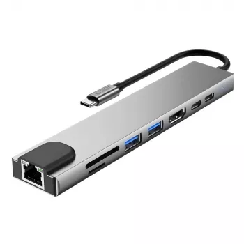 Adaptor hub TECH-PROTECT HB09 8 în 1 USB-C la USB-A 3.0, USB-C 3.0, HDMI 4K 60Hz, SD/TF, PD 100W, RJ45 Gigabit Ethernet, gri spațial