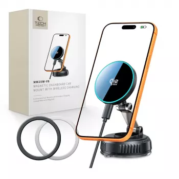Suport auto magnetic MagSafe TECH-PROTECT V8 pentru parbriz și bord cu încărcare wireless 25W Qi2.2, negru