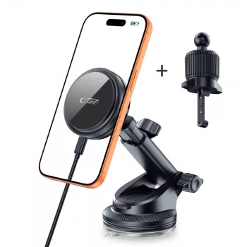 Suport auto magnetic MagSafe TECH-PROTECT V9 ARCTICBOOST pentru bord și grilă cu încărcare wireless 25W Qi2.2, negru