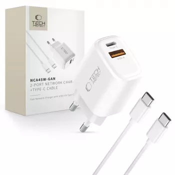 TECH-PROTECT NCA45W-GAN încărcător de rețea 2 porturi PD 45W / QC3.0 + cablu Type-C alb
