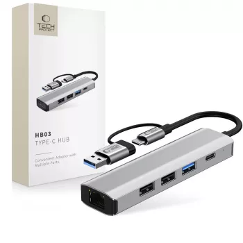 Adaptor hub TECH-PROTECT HB03 5 în 1 Type-C + USB 2.0 + USB 3.0 + RJ45, gri spațial