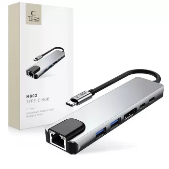 Adaptor hub TECH-PROTECT HB02 6 în 1 USB-C + USB 2.0 + USB 3.0 + HDMI 4K 30Hz + RJ45 + PD 100W, gri spațial