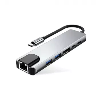 Adaptor hub TECH-PROTECT HB02 6 în 1 USB-C + USB 2.0 + USB 3.0 + HDMI 4K 30Hz + RJ45 + PD 100W, gri spațial