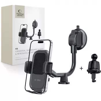 Suport auto universal TECH-PROTECT V8 cu braț lung pentru bord și parbriz, negru