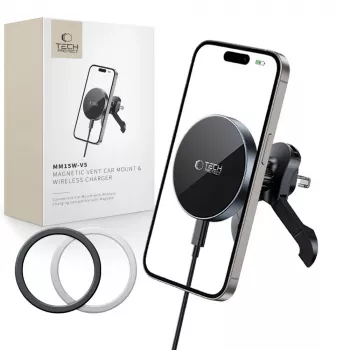 Suport auto magnetic MagSafe stabil TECH-PROTECT MM15W-V5 pentru grilă cu încărcare wireless 15W, negru/negru