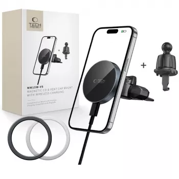 Suport auto magnetic MagSafe pentru CD & grilă de ventilație TECH-PROTECT MM15W-V5 cu încărcare wireless 15W negru