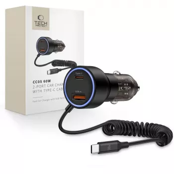 Încărcător auto TECH-PROTECT CC05 cu 2 porturi PD 60W + cablu, negru