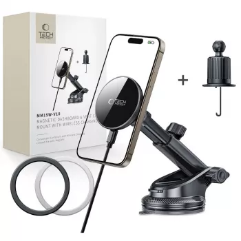 Suport auto magnetic MagSafe TECH-PROTECT MM15W-V10 pentru bord și grilă cu încărcare wireless 15W, negru