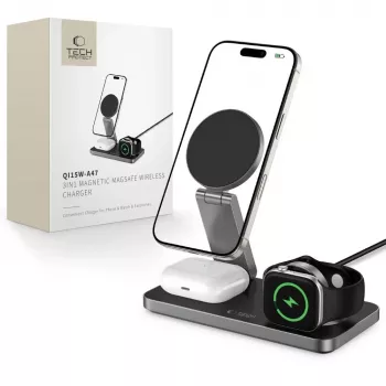 TECH-PROTECT QI15W-A47 Încărcător wireless magnetic MagSafe 3IN1, negru