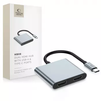 Adaptor hub TECH-PROTECT HB08 4 în 1 USB-C + USB 2.0 + 2x HDMI 4K 60Hz gri spațial