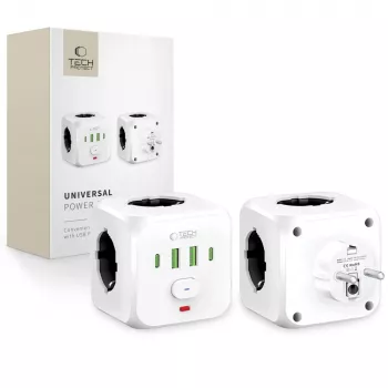 TECH-PROTECT PCL3X4 Prelungitor cu 3 prize Schuko, 2 USB-A, 2 USB-C, 2 m, alb