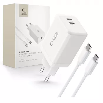 TECH-PROTECT NC45W-GAN Încărcător de rețea cu 2 porturi PD 45W + cablu Type-C, alb