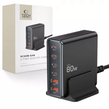 Tech-Protect DC80W-GAN 6-PORT GaN 80W USB-C încărcător negru