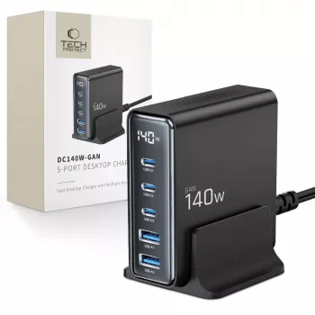 TECH-PROTECT DC140W-GAN Încărcător de birou cu 5 porturi PD 140W / QC3.0, negru