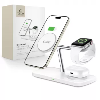 TECH-PROTECT QI15W-A45 Încărcător wireless magnetic MagSafe 3-in-1, alb